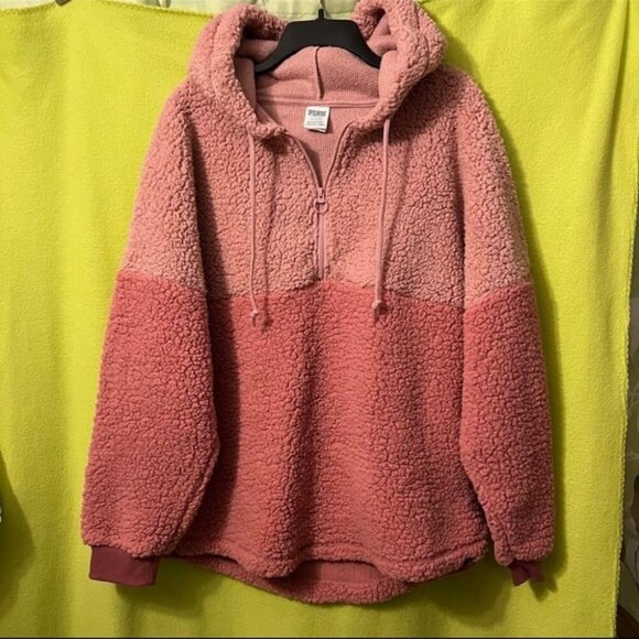 Victoria's Secret PINK Sherpa Hoodie Half Zip L Large Varsity Damsel Cozy VS - Picture 1 of 5